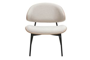 Fauteuil en tissu effet velours texturé beige, bois clair et métal noir FABULO
