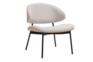 Fauteuil en tissu effet velours texturé beige, bois clair et métal noir FABULO