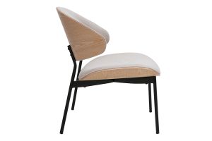 Fauteuil en tissu effet velours texturé beige, bois clair et métal noir FABULO