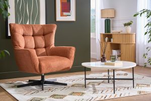 Fauteuil scandinave pivotant en tissu effet velours texturé beige et métal AVERY