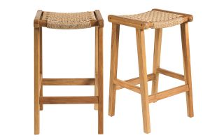 Sgabelli da bar etnici da esterno in legno massello di teak e intreccio di rattan H66 cm (set di 2) GAWA