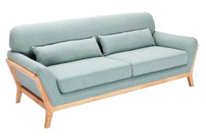 Canapé scandinave 3 places en tissu vert lagon et bois clair YOKO