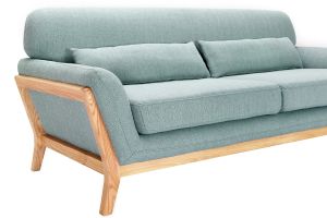 Canapé scandinave 3 places en tissu vert lagon et bois clair YOKO