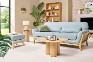 Canapé scandinave 3 places en tissu vert lagon et bois clair YOKO