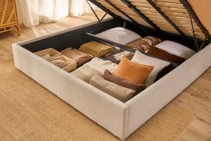 Lit coffre 2 places 160x200 cm en tissu beige OREN