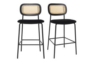 Tabourets design en velours noir, métal noir et cannage rotin (lot de 2) MIRANDA