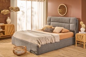 Lit coffre 2 places 160x200 cm en tissu texturé taupe HONO