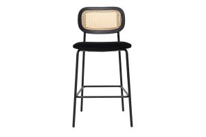 Tabourets design en velours noir, métal noir et cannage rotin (lot de 2) MIRANDA