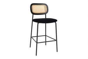 Tabourets design en velours noir, métal noir et cannage rotin (lot de 2) MIRANDA