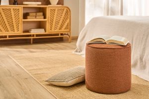 Pouf rond en tissu effet velours texturé terre brûlée D40 cm PAUL