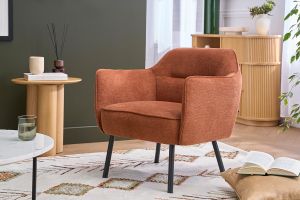 Fauteuil design en tissu effet velours texturé terre brûlée et métal noir LAURENS