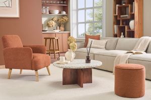 Pouf rond en tissu effet velours texturé terre brûlée D40 cm PAUL
