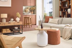 Pouf rond en tissu effet velours texturé terre brûlée D40 cm PAUL