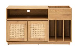Buffet de rangement vinyles finition bois clair chêne et cannage rotin L130 cm ALICANTE