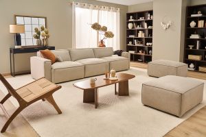 Pouf repose pieds en tissu chenille beige SPLIT