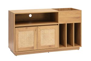 Buffet de rangement vinyles finition bois clair chêne et cannage rotin L130 cm ALICANTE