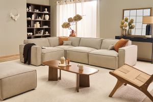 Canapé d'angle modulable 5 places en tissu effet velours texturé beige SPLIT