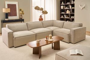 Canapé d'angle modulable 5 places en tissu effet velours texturé beige SPLIT