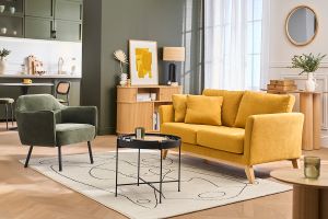 Fauteuil design en tissu effet velours vert kaki et métal noir LAURENS