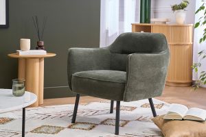 Fauteuil design en tissu effet velours vert kaki et métal noir LAURENS