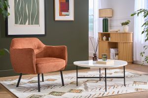 Fauteuil design en tissu effet velours texturé terre brûlée et métal noir LAURENS