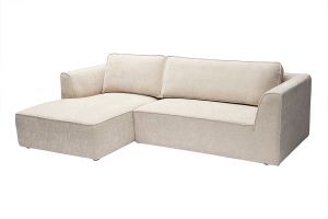 Canapé d'angle gauche design en tissu effet velours texturé beige 3 places GRAMMY