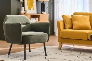 Fauteuil design en tissu effet velours vert kaki et métal noir LAURENS