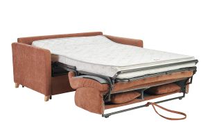 Canapé convertible 3 places en tissu effet velours terre brûlée et bois clair avec matelas 18 cm SKANDY