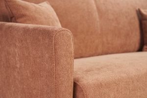 Canapé convertible 2-3 places en tissu effet velours terre brûlée et bois clair avec matelas 13 cm SKANDY