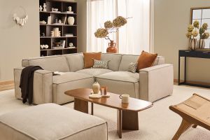 Canapé d'angle modulable 3 places en tissu effet velours texturé beige SPLIT