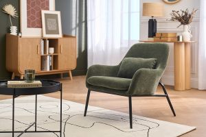Fauteuil design en tissu effet velours vert kaki et métal noir MAXINE