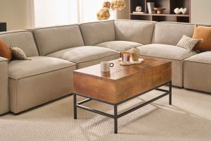 Table basse relevable industrielle bois manguier massif teinté et métal noir L90 cm YPSTER