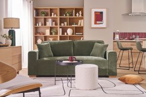 Canapé design 3 places en tissu effet velours vert kaki PEPPER