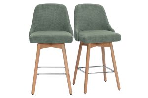 Tabourets de bar scandinaves pivotants 360° en tissu chenille vert kaki et bois hêtre massif H65 cm (lot de 2) HASTA