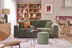 Canapé design 3 places en tissu effet velours vert kaki PEPPER