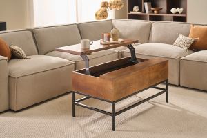 Table basse relevable industrielle bois manguier massif teinté et métal noir L90 cm YPSTER
