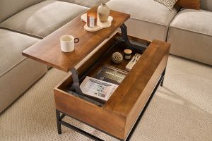 Table basse relevable industrielle bois manguier massif teinté et métal noir L90 cm YPSTER