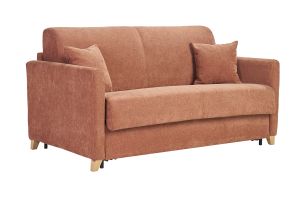 Canapé convertible 2-3 places en tissu effet velours terre brûlée et bois clair avec matelas 13 cm SKANDY
