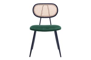 Chaises design en tissu velours vert foncé, métal noir et cannage rotin (lot de 2) SWANN