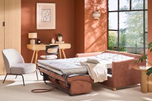 Canapé convertible 2-3 places en tissu effet velours terre brûlée et bois clair avec matelas 13 cm SKANDY