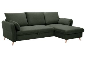 Canapé d'angle convertible réversible avec coffre 3-4 places en tissu vert kaki et bois clair DRISS