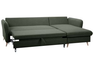 Canapé d'angle convertible réversible avec coffre 3-4 places en tissu vert kaki et bois clair DRISS
