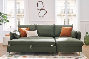 Canapé d'angle convertible réversible avec coffre 3-4 places en tissu vert kaki et bois clair DRISS