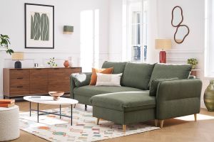 Canapé d'angle convertible réversible avec coffre 3-4 places en tissu vert kaki et bois clair DRISS