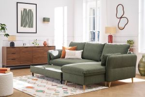 Canapé d'angle convertible réversible avec coffre 3-4 places en tissu vert kaki et bois clair DRISS