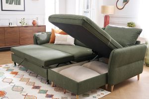 Canapé d'angle convertible réversible avec coffre 3-4 places en tissu vert kaki et bois clair DRISS