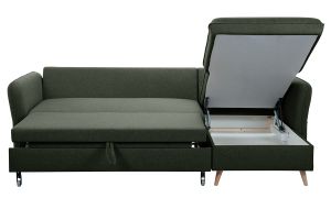 Canapé d'angle convertible réversible avec coffre 3-4 places en tissu vert kaki et bois clair DRISS