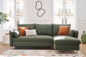 Canapé d'angle convertible réversible avec coffre 3-4 places en tissu vert kaki et bois clair DRISS