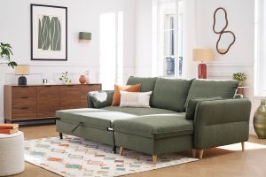Canapé d'angle convertible réversible avec coffre 3-4 places en tissu vert kaki et bois clair DRISS
