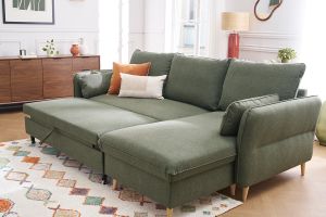 Canapé d'angle convertible réversible avec coffre 3-4 places en tissu vert kaki et bois clair DRISS